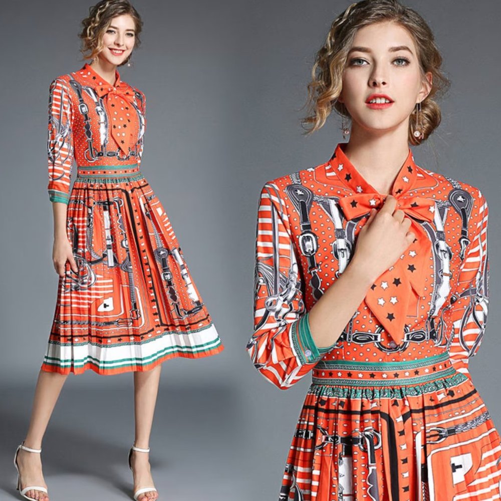 Tangerine White Multi Color Print 3/4 Sleeve dress  szM